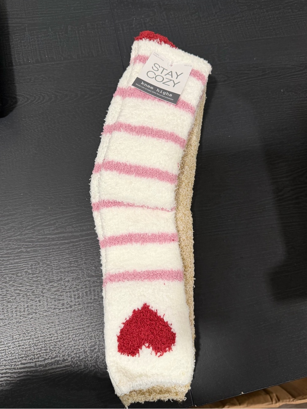 Knee High 2 Pairs of Socks White & Pink with Red Heart & Solid Tan